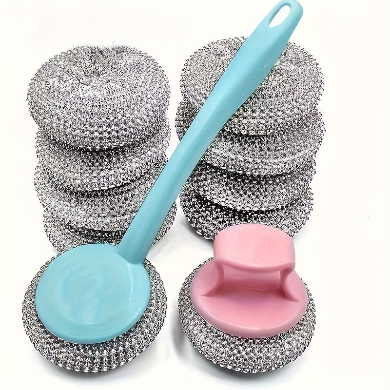 10pcs Detachable Non-Scratch Nano Cleaning Balls, Kitchen Degreasing Pot Scrubbers with Two Long and Short Handles, Dishwashing Scrubber Pads Random Color