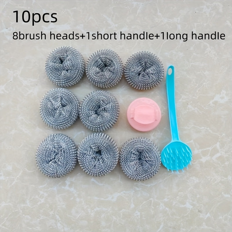 10pcs Detachable Non-Scratch Nano Cleaning Balls, Kitchen Degreasing Pot Scrubbers with Two Long and Short Handles, Dishwashing Scrubber Pads Random Color
